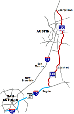 Toll booth locations on Pickle Parkway- SH 130 toll road section 1-4 - connecting San Antonio,, Seguin and Georgetown.