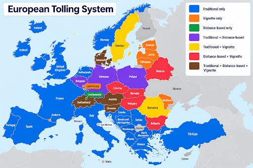 Europe Tolling System, combination of tolling systems in europe, vignette, dintance-based, open and close system