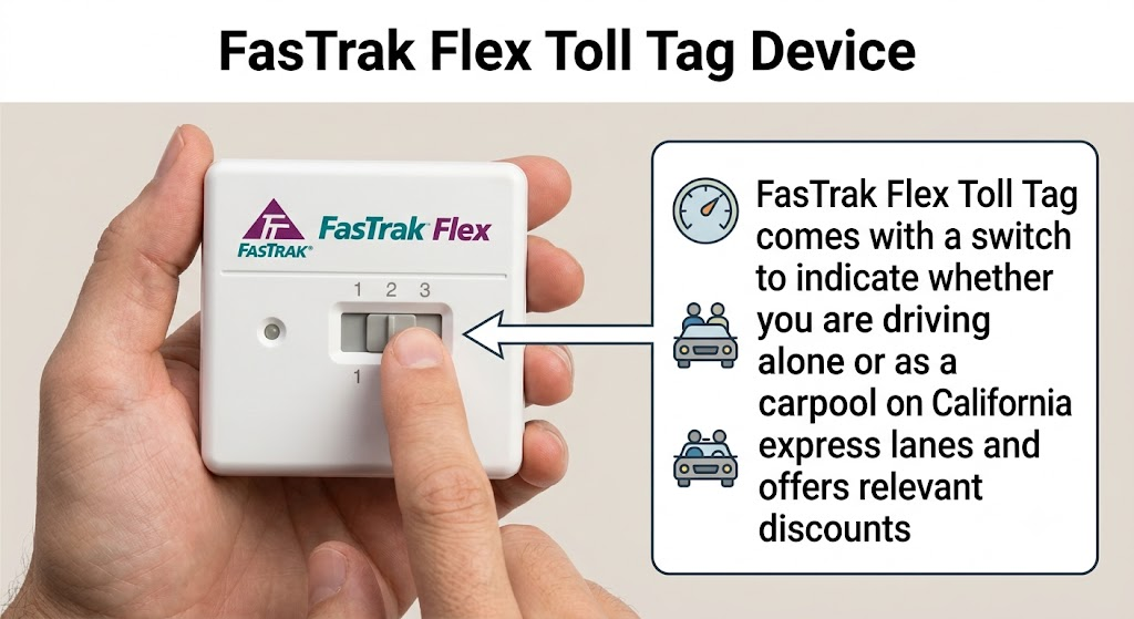 FasTrak Flex Toll Tag comes with a switch to indicate whether you are driving alone or as a carpool on California express lanes and offers relevant discounts